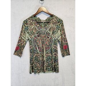 One World Womens Top Size PS Green Multicolor Floral Studded Y2K Boho Fairy EUC